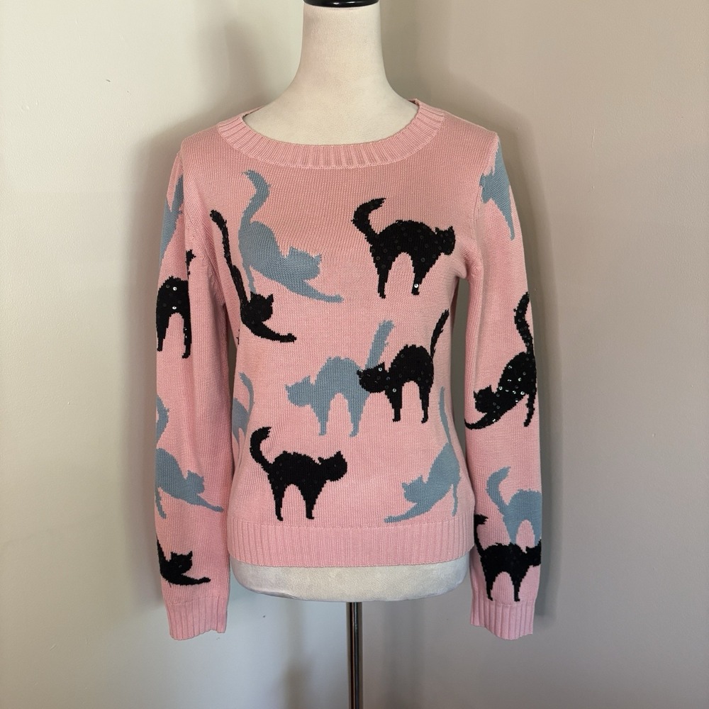 VTG Michael Simon Pink Black Cat Sweater Small Cotton Sequin Novelty Knit S EUC